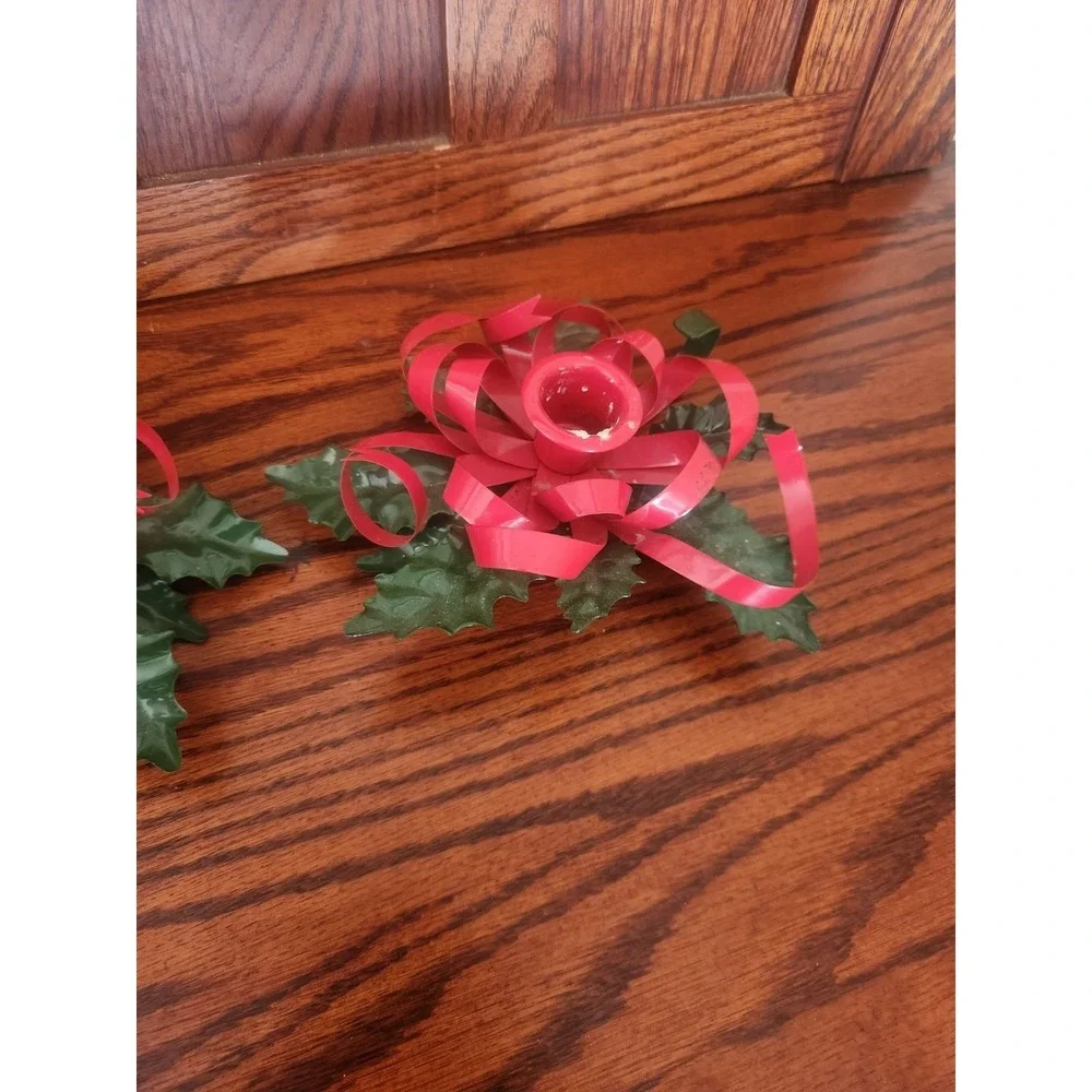 Set of 2 Vintage Dept 56 Holly Ribbon‎ Candle Holders Christmas Red Green